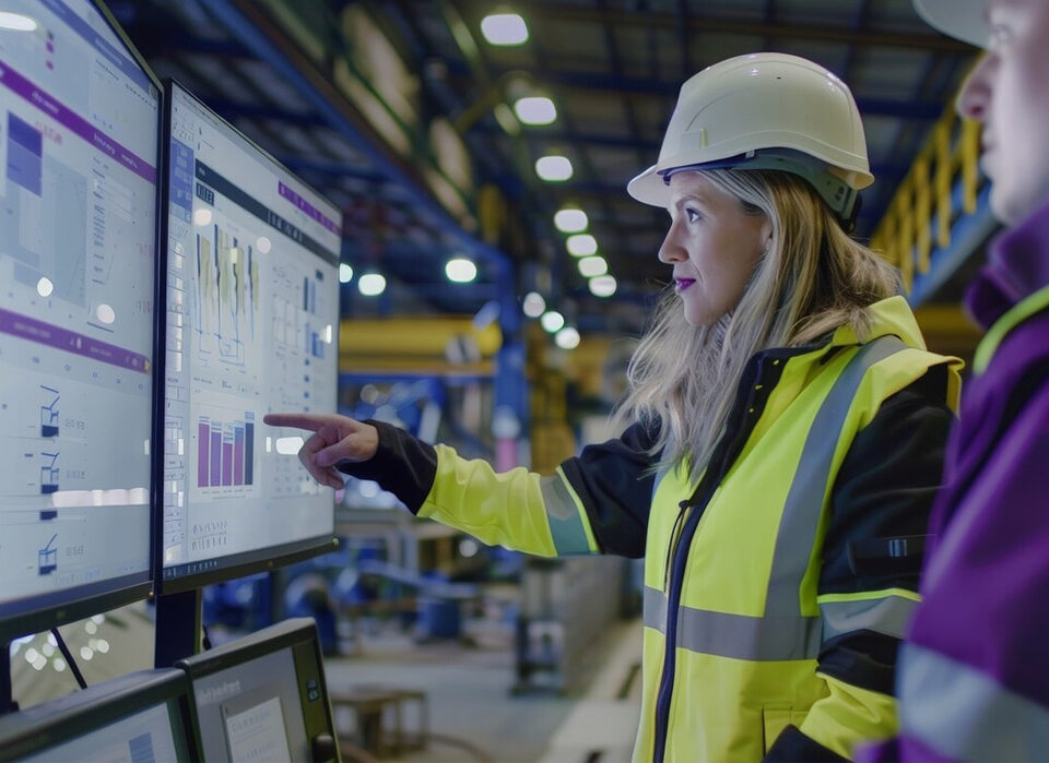 Mulher observando gráficos em fábrica