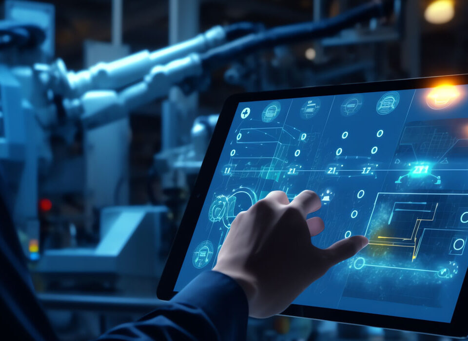 Mão interagindo com interface digital futurista, representando a automação da gestão de peças na indústria
