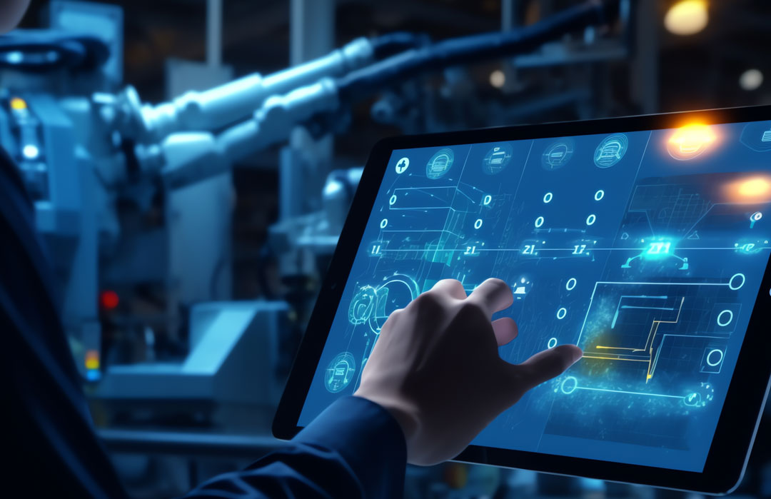 Mão interagindo com interface digital futurista, representando a automação da gestão de peças na indústria