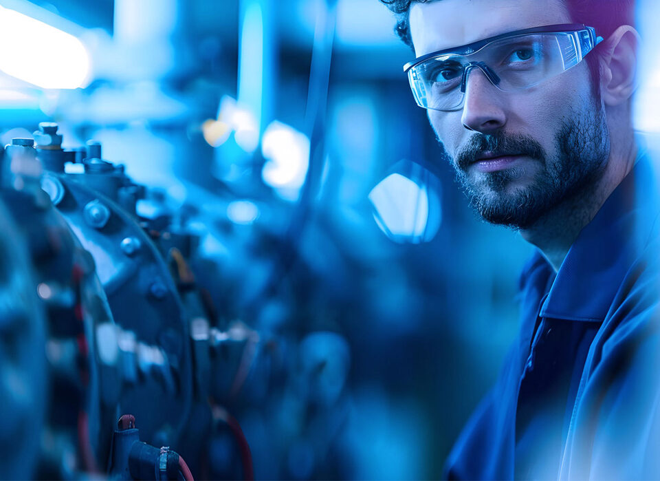 Profissional técnico analisando componentes industriais com foco em gestão de peças e tecnologia avançada, destacando inovação e eficiência operacional.