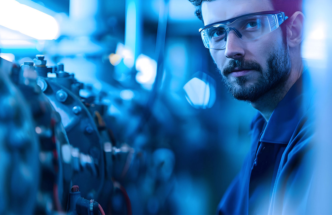 Profissional técnico analisando componentes industriais com foco em gestão de peças e tecnologia avançada, destacando inovação e eficiência operacional.