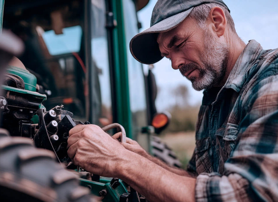 Técnico realizando manutenção em máquina agrícola, representando a importância da gestão de peças no setor industrial