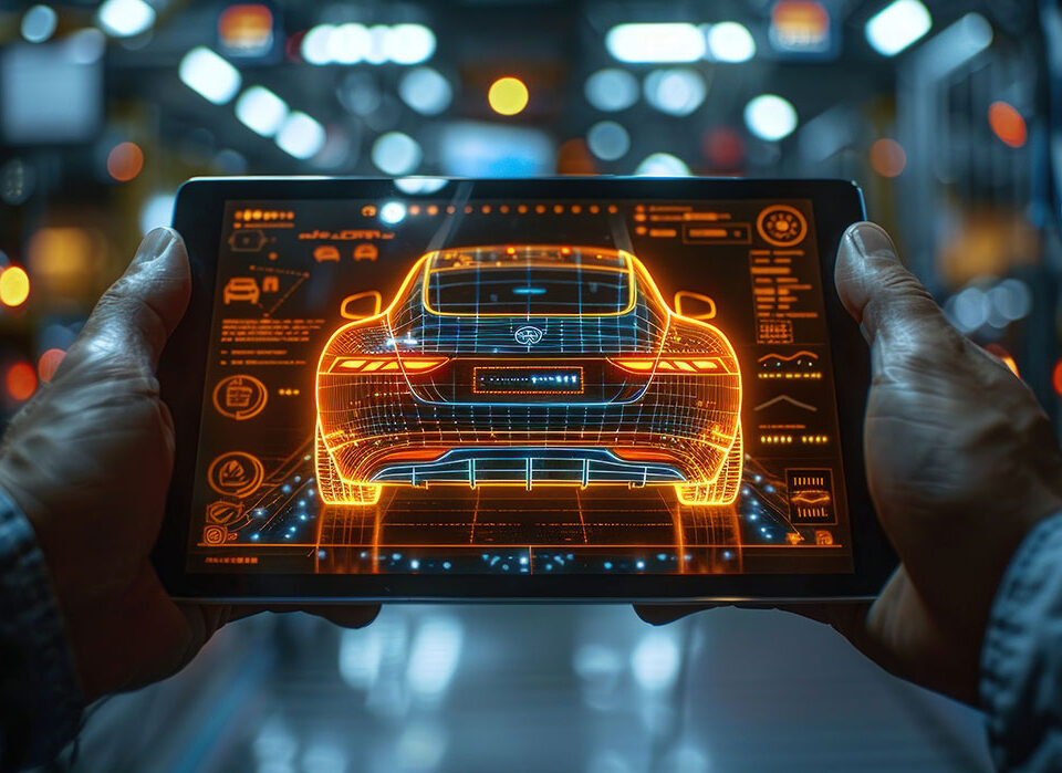 Tablet exibindo um carro em visualização 3D explodida, representando o uso de catálogos digitais para gestão de peças com precisão e eficiência na indústria.