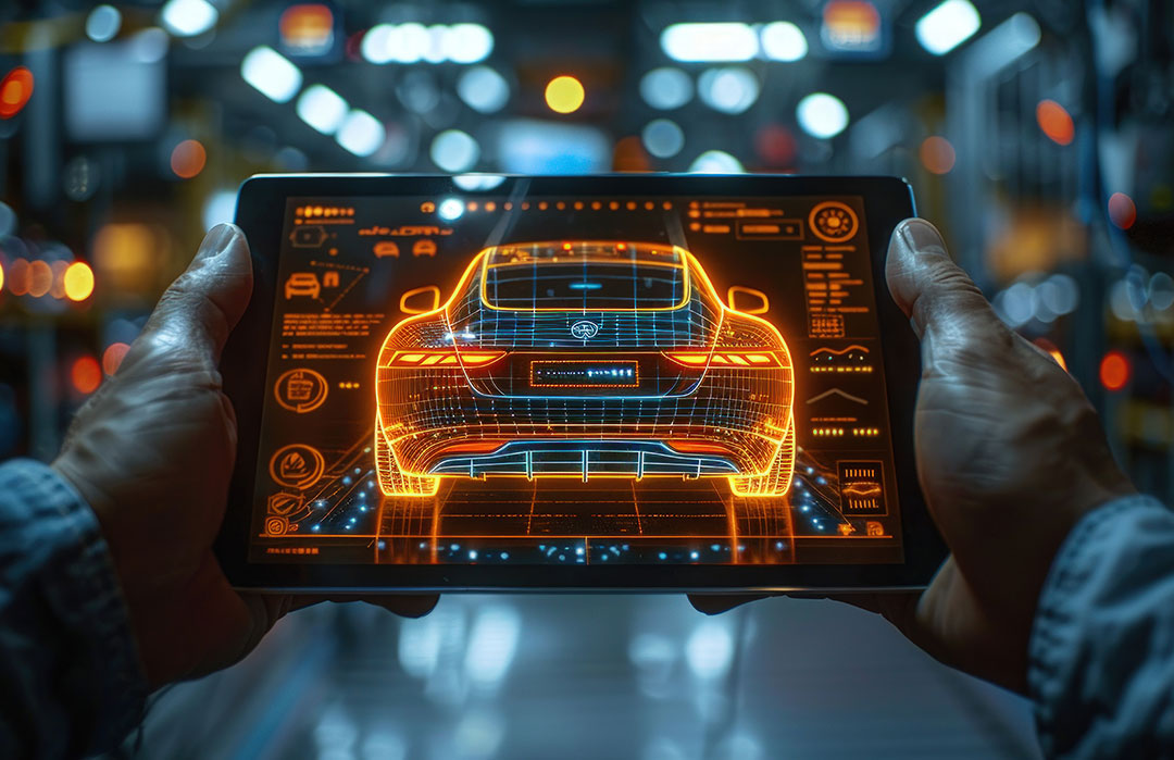 Tablet exibindo um carro em visualização 3D explodida, representando o uso de catálogos digitais para gestão de peças com precisão e eficiência na indústria.