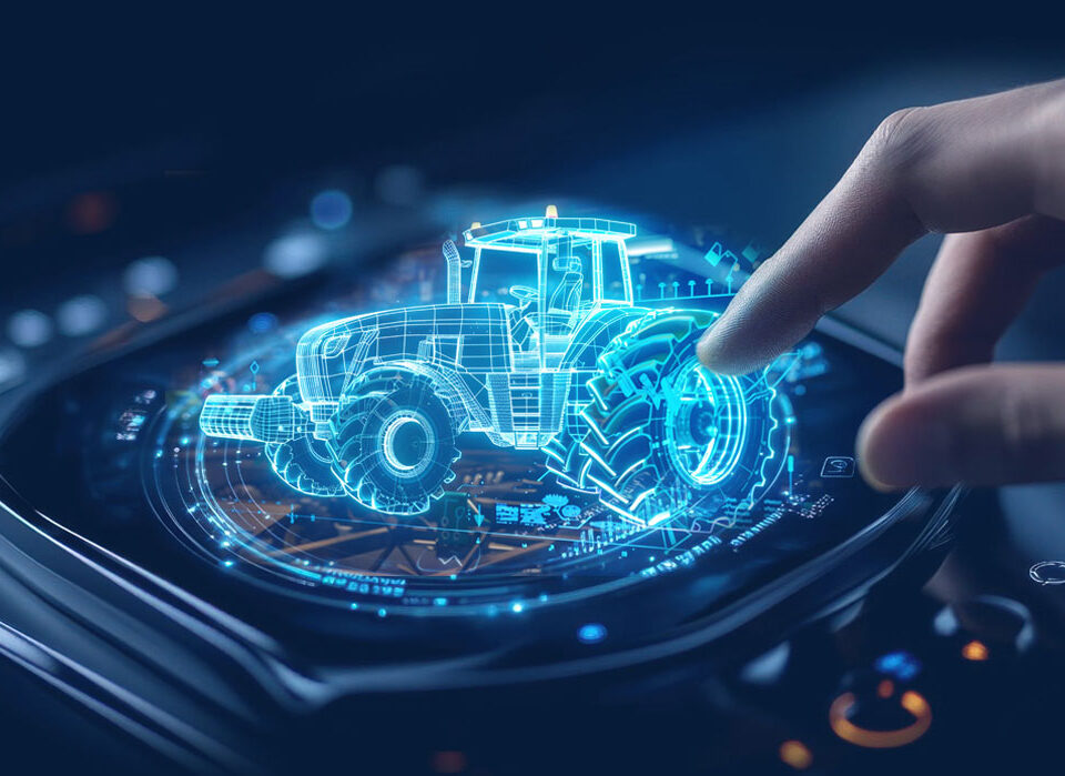 Simulação digital de um trator em tela interativa, representando a automação na identificação e gestão de peças no pós-venda industrial com a Zeitten