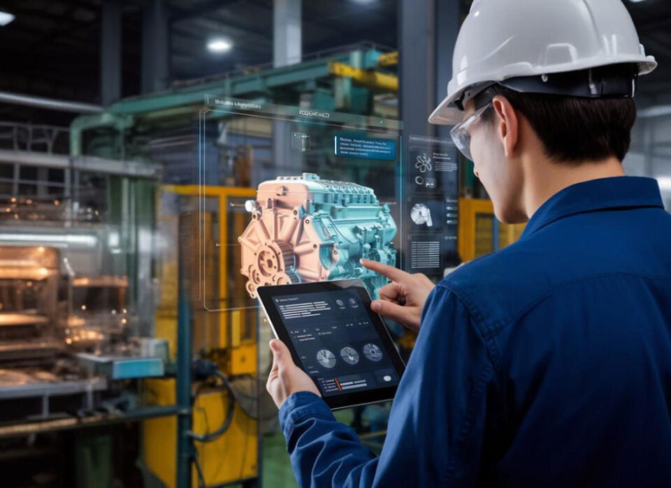 Engenheiro com capacete e tablet interage com projeção holográfica 3D de peça mecânica em ambiente industrial, representando a digitalização e integração dos processos de design, produção e manutenção — conceito central da gestão integrada de peças promovida pela Zeitten
