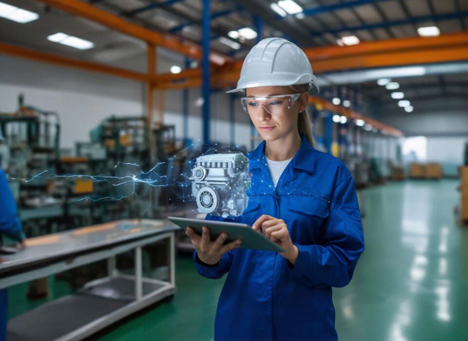 Engenheira em uniforme azul e capacete analisando um motor em projeção digital 3D em um tablet dentro de uma fábrica, representando a digitalização de catálogos de peças na indústria.