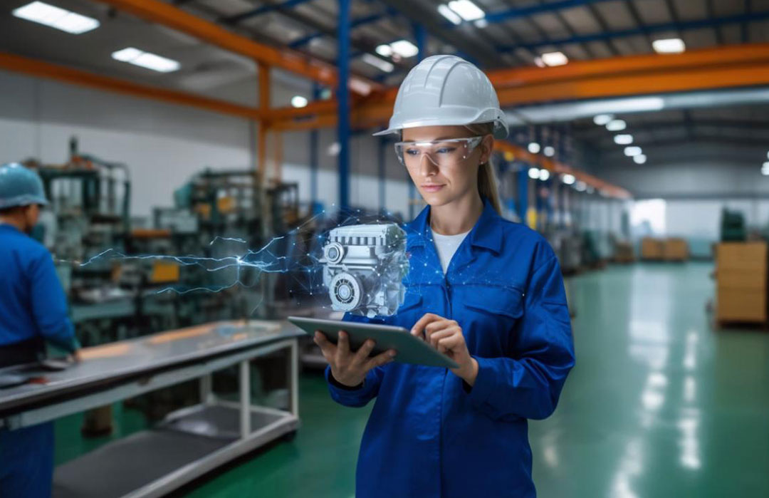Engenheira em uniforme azul e capacete analisando um motor em projeção digital 3D em um tablet dentro de uma fábrica, representando a digitalização de catálogos de peças na indústria.