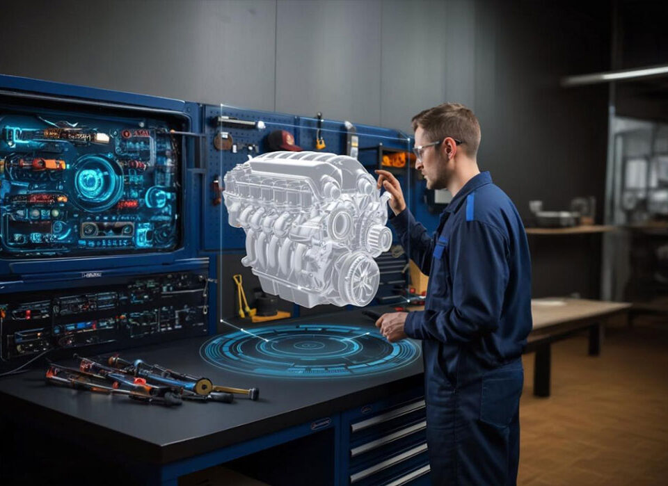 Engenheiro técnico interagindo com uma projeção digital de motor em ambiente industrial moderno, representando integração e automação da Indústria 4.0
