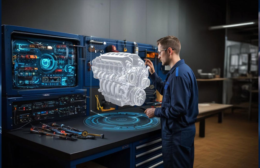 Engenheiro técnico interagindo com uma projeção digital de motor em ambiente industrial moderno, representando integração e automação da Indústria 4.0