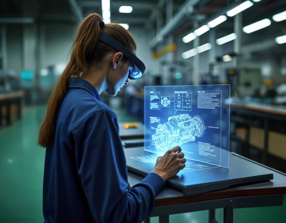 mulher usa realidade virtual para analisar peças de um motor