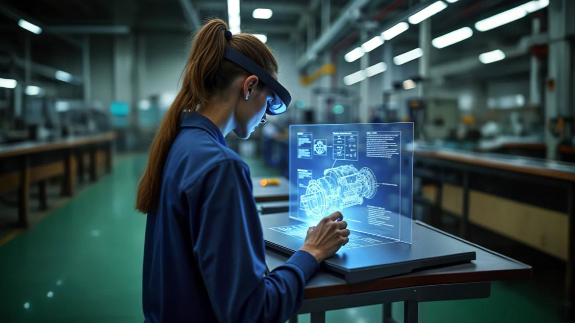 mulher usa realidade virtual para analisar peças de um motor