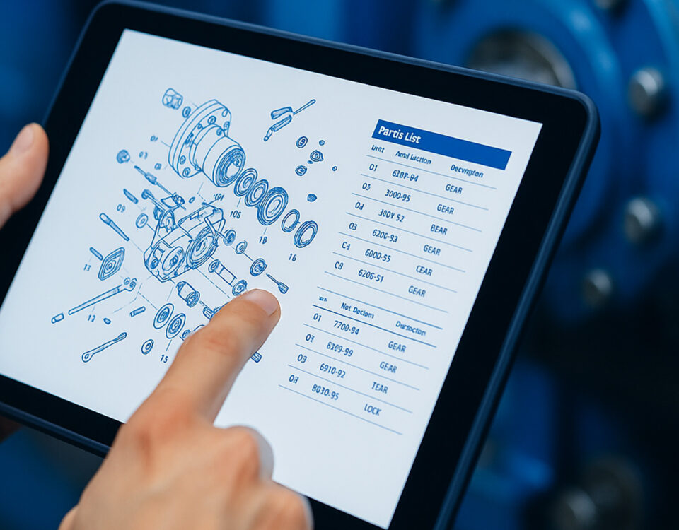 Mão interage em tablet exibindo catálogo digital com vista explodida de peças em ambiente industrial