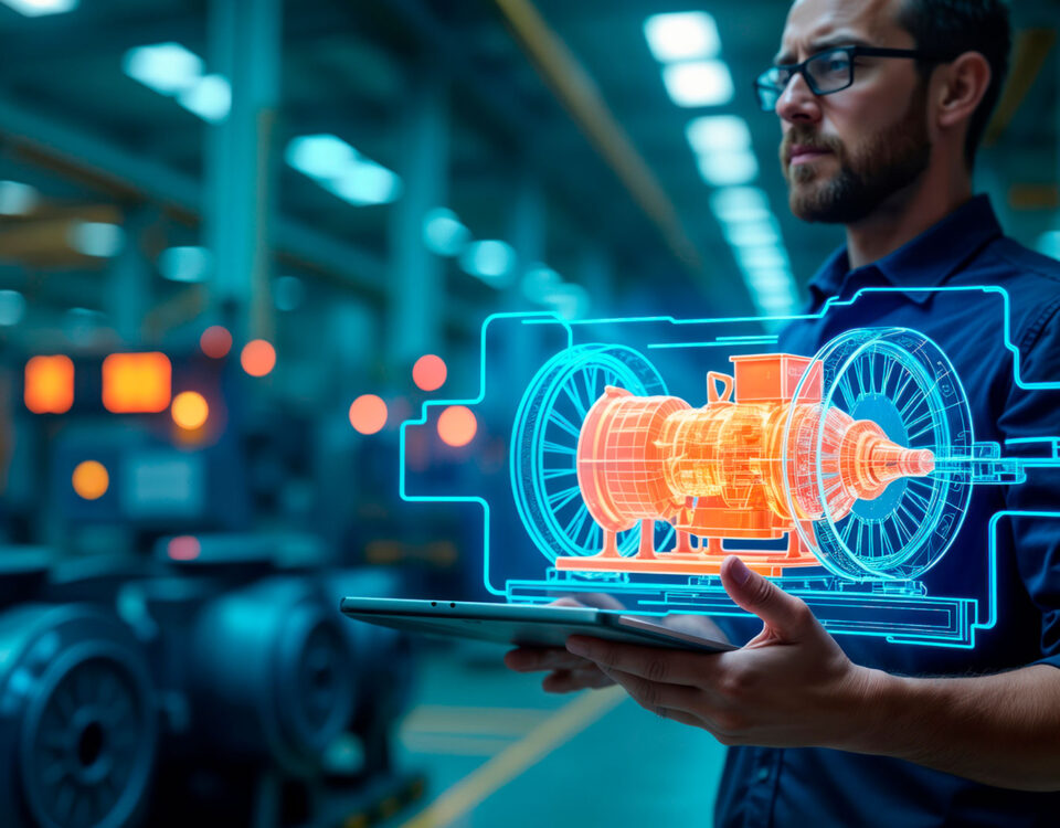 Engenheiro em uniforme azul analisando um motor em projeção digital 3D em um tablet dentro de uma fábrica, representando integração com IoT no pós-venda
