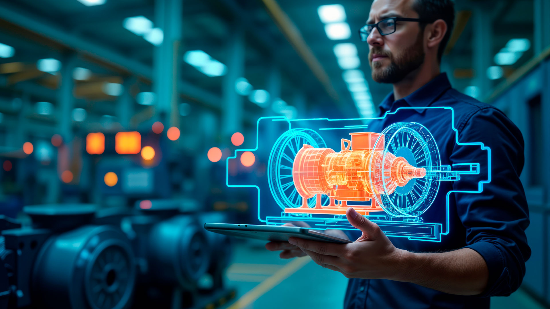Engenheiro em uniforme azul analisando um motor em projeção digital 3D em um tablet dentro de uma fábrica, representando integração com IoT no pós-venda