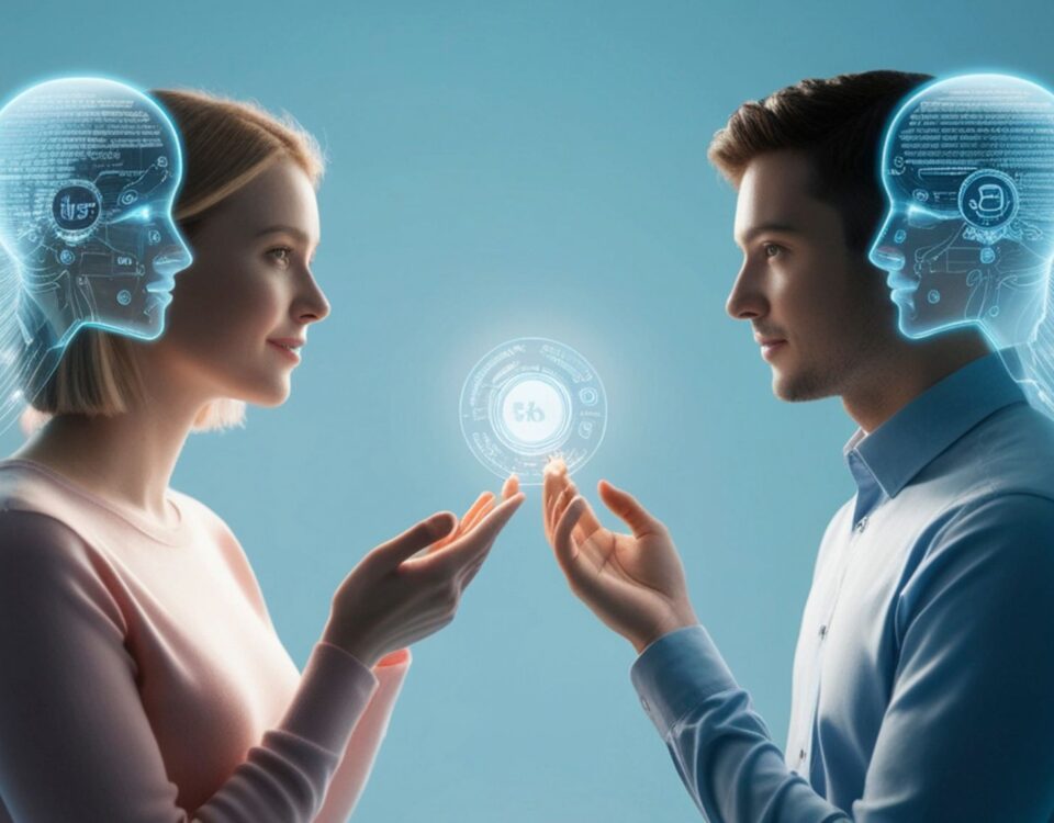 Ilustração conceitual de um homem e uma mulher conectados por projeções digitais, simbolizando troca de conhecimento e aprendizado tecnológico.