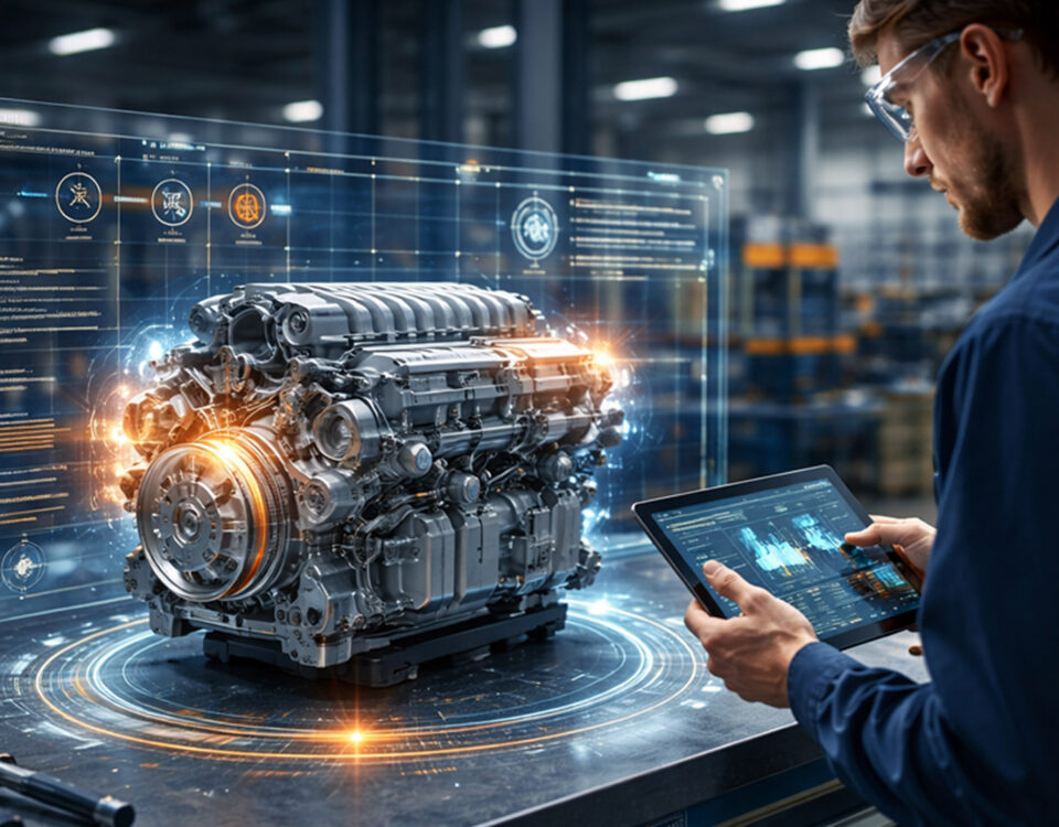 Engenheiro analisa peça remanufaturada em ambiente industrial utilizando plataforma digital com rastreabilidade, vistas explodidas e dados técnicos para gestão eficiente do pós-venda sustentável.