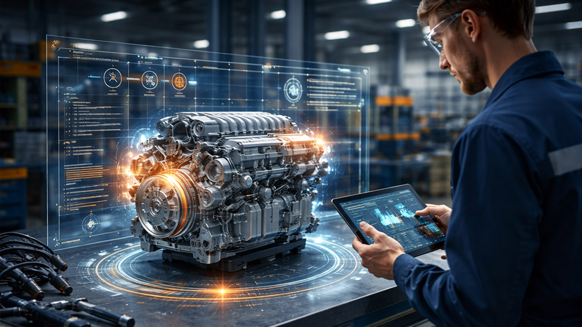 Engenheiro analisa peça remanufaturada em ambiente industrial utilizando plataforma digital com rastreabilidade, vistas explodidas e dados técnicos para gestão eficiente do pós-venda sustentável.