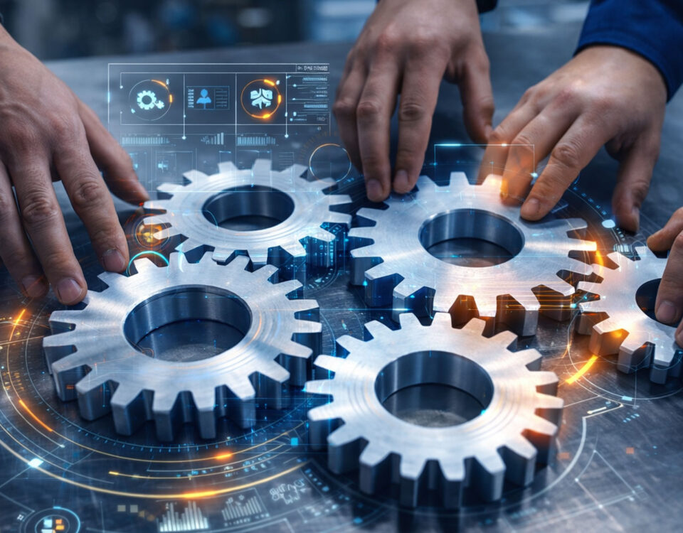 Mãos de profissionais organizando engrenagens industriais com apoio de camadas digitais da plataforma Zeitten, representando gestão eficiente de peças, integração técnica e redução de custos operacionais no pós-venda.