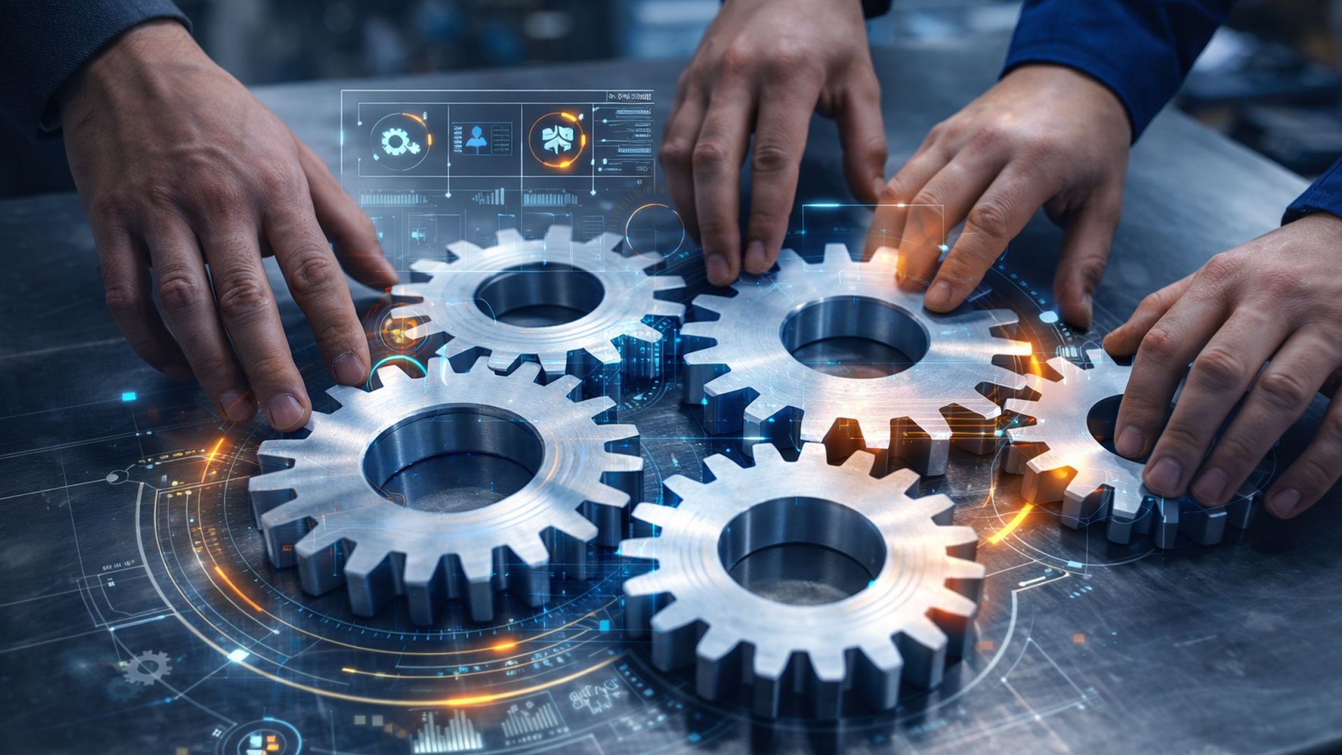 Mãos de profissionais organizando engrenagens industriais com apoio de camadas digitais da plataforma Zeitten, representando gestão eficiente de peças, integração técnica e redução de custos operacionais no pós-venda.