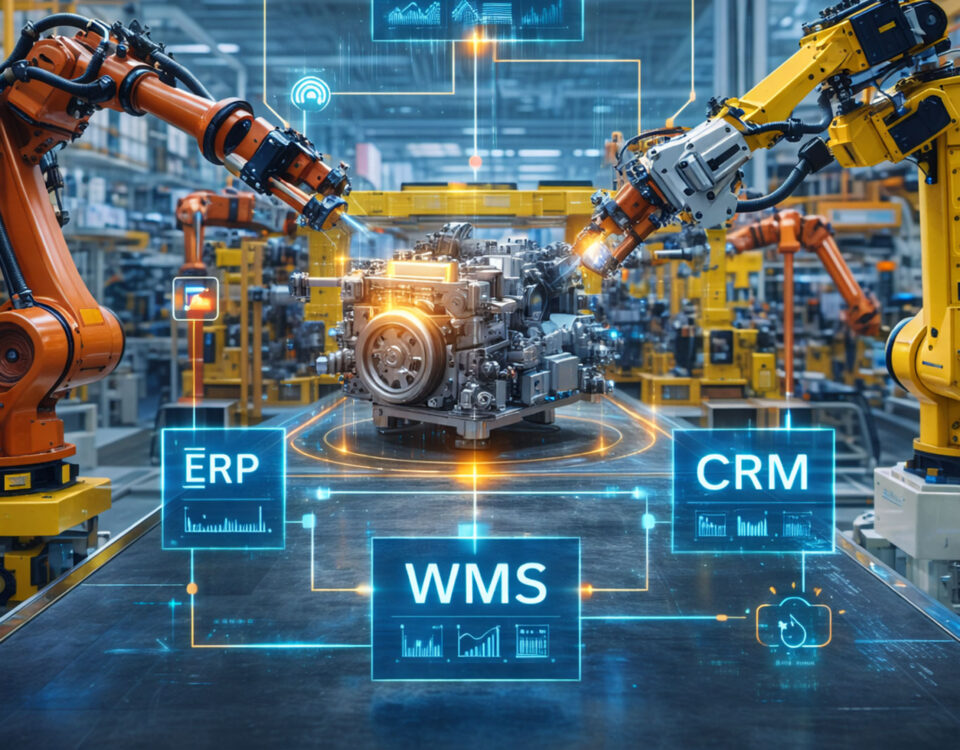 Linha de produção automatizada com robôs industriais integrados a sistemas ERP, inventário e catálogos técnicos digitais da plataforma Zeitten, representando a integração de sistemas na gestão de peças.