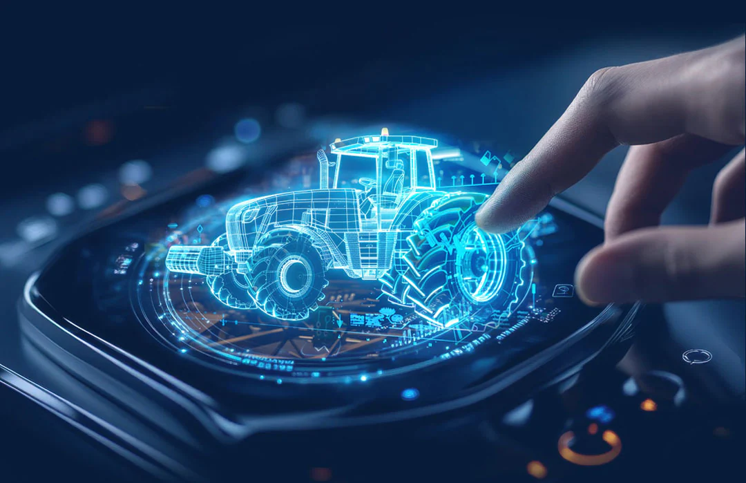 Simulação digital de um trator em tela interativa, representando a automação na identificação e gestão de peças no pós-venda industrial com a Zeitten