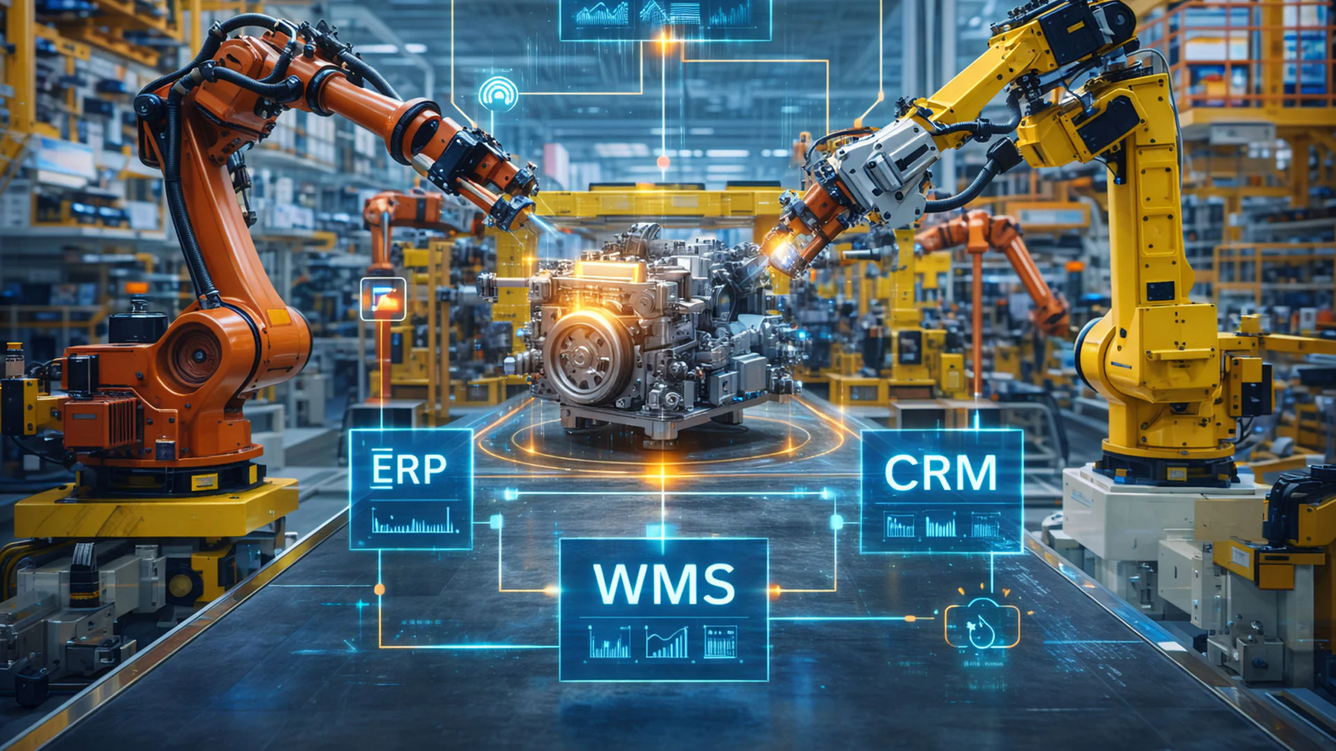 Linha de produção automatizada com robôs industriais integrados a sistemas ERP, inventário e catálogos técnicos digitais da plataforma Zeitten, representando a integração de sistemas na gestão de peças.